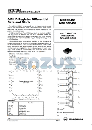 MC10E451 datasheet - 6-BIT D REGISTER DIFFERENTIAL DATA AND CLOCK