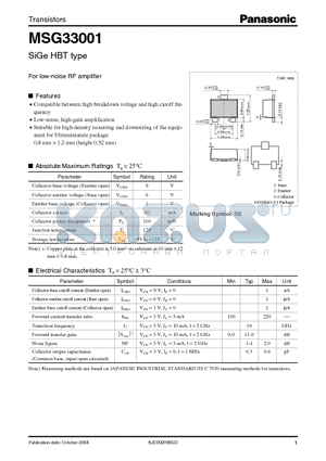 MSG33001 datasheet - SiGe HBT type For low-noise RF amplifier