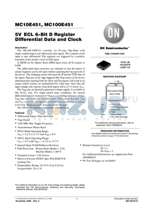 MC10E451FNR2 datasheet - 5V ECL 6−Bit D Register Differential Data and Clock