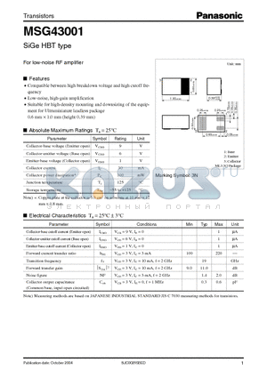 MSG43001 datasheet - SiGe HBT type For low-noise RF amplifier