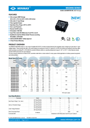 MSGWI06-24S033 datasheet - DC/DC CONVERTER 6W, Ultra compact SMD Package