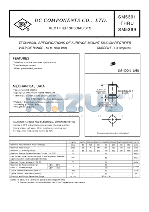 SM5391 datasheet - TECHNICAL SPECIFICATIONS OF SURFACE MOUNT SILICON RECTIFIER VOLTAGE RANGE - 50 to 1000 Volts