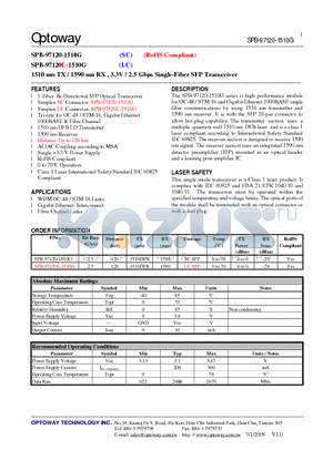 SPB-97120-1510G datasheet - 1510 nm TX / 1590 nm RX , 3.3V / 2.5 Gbps Single-Fiber SFP Transceiver