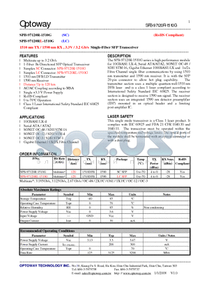 SPB-97120RL-1510G datasheet - 1510 nm TX / 1590 nm RX , 3.3V / 3.2 Gb/s Single-Fiber SFP Transceiver