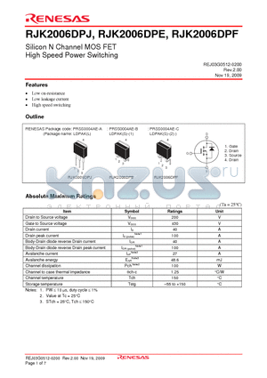 RJK2006DPJ datasheet - Silicon N Channel MOS FET High Speed Power Switching