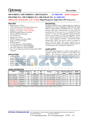 SPB-9720ARLWG datasheet - 1550 nm TX / 1310 nm RX , 3.3V / 3.2Gb/s Digital Diagnostic Single-Fiber SFP Transceiver
