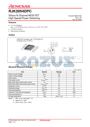RJK2054DPC-00-J0 datasheet - Silicon N Channel MOS FET High Speed Power Switching