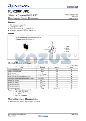 RJK2061JPE datasheet - Silicon N Channel MOS FET High Speed Power Switching