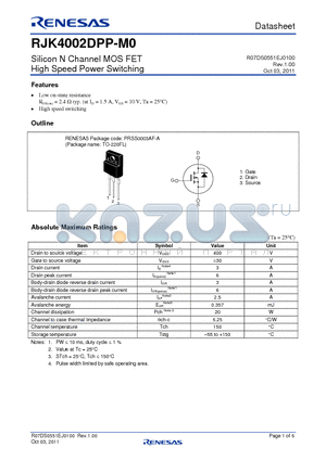 RJK4002DPP-M0 datasheet - Silicon N Channel MOS FET High Speed Power Switching