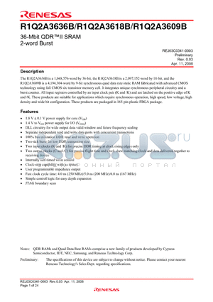 R1Q2A3609ABG50RT0 datasheet - 36-Mbit QDRII SRAM 2-word Burst