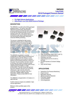 SM5420-015-A-H-S datasheet - Low-Cost, SO-8 Packaged Pressure Sensor