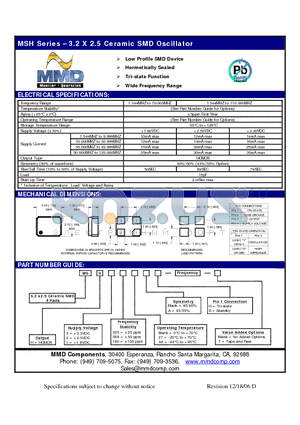 MSH205027AS datasheet - 3.2 X 2.5 Ceramic SMD Oscillator