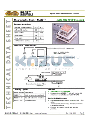 NL2021T-02 datasheet - Thermoelectric Cooler