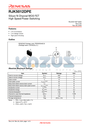 RJK5012DPE-00-J3 datasheet - Silicon N Channel MOS FET High Speed Power Switching