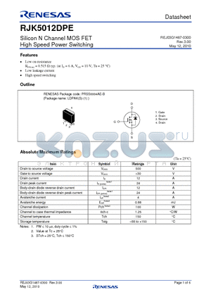 RJK5012DPE-00-J3 datasheet - Silicon N Channel MOS FET High Speed Power Switching