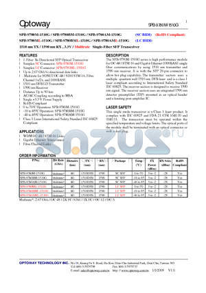 SPB-9780AM-1510G datasheet - 1510 nm TX / 1590 nm RX , 3.3V / Multirate Single-Fiber SFP Transceiver