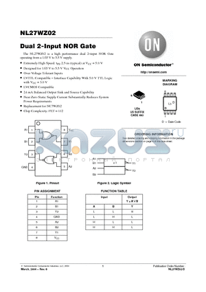 NL27WZ02 datasheet - Dual 2-Input NOR Gate