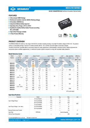 MSHU114 datasheet - DC/DC CONVERTER 2W, Reinforced Insulation, Medical Safety