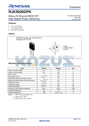 RJK5020DPK7 datasheet - Silicon N Channel MOS FET High Speed Power Switching