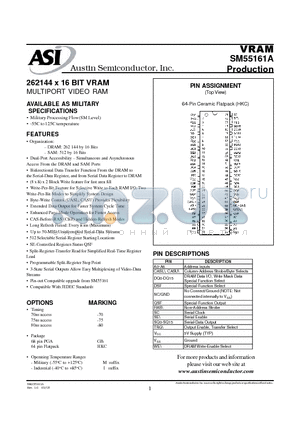 SM55161A datasheet - 262144 x 16 BIT VRAM MULTIPORT VIDEO RAM