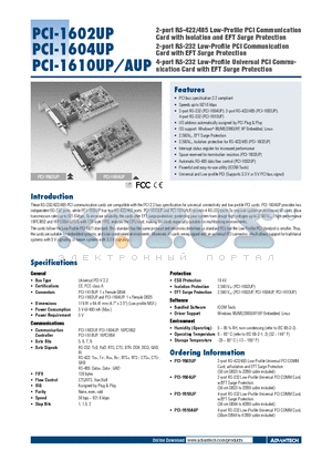PCI-1610UP datasheet - 2-port RS-422/485 Low-Profile PCI Communication Card with Isolation and EFT Surge Protection
