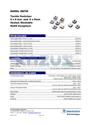 SWTW-K datasheet - Tactile Switches 6 x 6 mm and 8 x 8mm Sealed, Washable RoHS Compliant