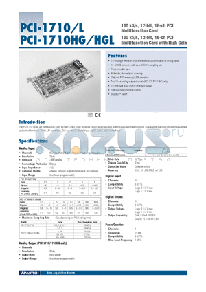 PCI-1710HGL datasheet - 100 kS/s, 12-bit, 16-ch PCI Multifunction Card