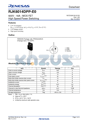 RJK6014DPP-E0 datasheet - 600V - 16A - MOS FET High Speed Power Switching