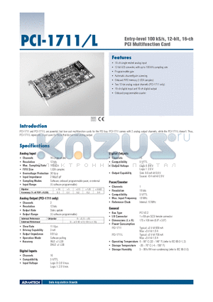 PCI-1711-L datasheet - Entry-level 100 kS/s, 12-bit, 16-ch PCI Multifunction Card