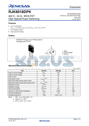 RJK6018DPK_11 datasheet - 600 V - 30 A - MOS FET High Speed Power Switching