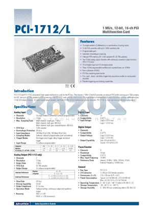 PCI-1712-L datasheet - 1 MS/s, 12-bit, 16-ch PCI Multifunction Card