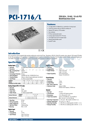 PCI-1716-L datasheet - 250 kS/s, 16-bit, 16-ch PCI Multifunction Card