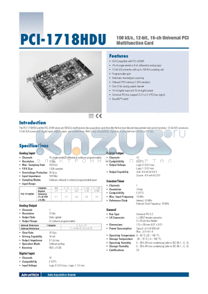 PCI-1718HDU datasheet - 100 kS/s, 12-bit, 16-ch Universal PCI Multifunction Card
