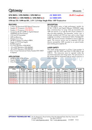 SPB-9805BG datasheet - 1310 nm TX / 1490 nm RX , 3.3V / 2.5 Gbps Single-Fiber SFP Transceiver