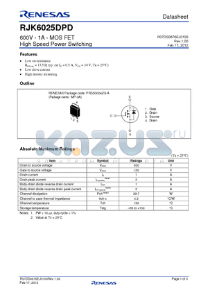 RJK6025DPD datasheet - 600V - 1A - MOS FET High Speed Power Switching