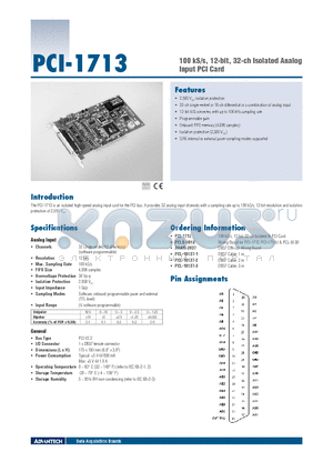 PCI-1713 datasheet - 100 kS/s, 12-bit, 32-ch Isolated Analog Input PCI Card