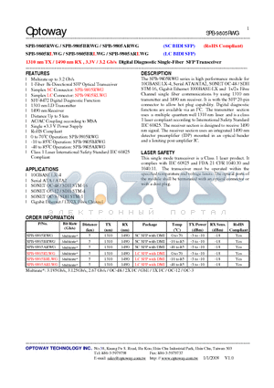 SPB-9805ARLWG datasheet - 1310 nm TX / 1490 nm RX , 3.3V / 3.2 Gb/s Digital Diagnostic Single-Fiber SFP Transceiver