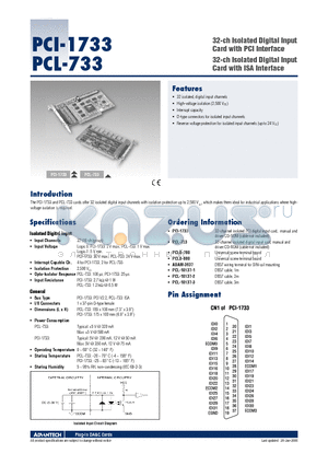 PCI-1733 datasheet - 32-ch Isolated Digital Input Card with PCI Interface