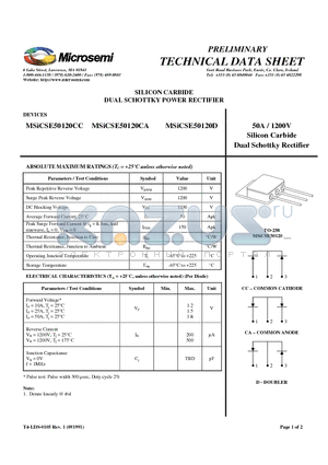 MSICSE50120CC datasheet - SILICON CARBIDE DUAL SCHOTTKY POWER RECTIFIER