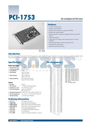 PCI-1753 datasheet - 96-ch Digital I/O PCI Card