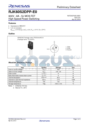 RJK60S2DPP-E0 datasheet - 600V - 8A - SJ MOS FET High Speed Power Switching