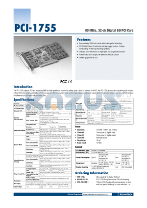 PCI-1755 datasheet - 80 MB/s, 32-ch Digital I/O PCI Card