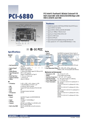 PCI-6880 datasheet - PCI Intel^ Pentium^ M/Intel Celeron^ M Half-sized SBC with VGA/LCD/LVDS/Giga LAN/USB 2.0/SATA and SSD