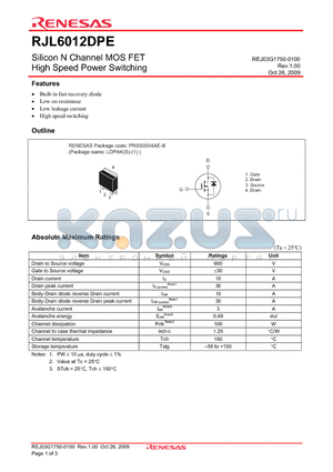 RJL6012DPE-00-J3 datasheet - Silicon N Channel MOS FET High Speed Power Switching