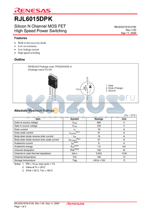 RJL6015DPK datasheet - Silicon N Channel MOS FET High Speed Power Switching