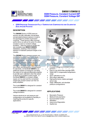 SM5611-005-A-3-N datasheet - OEM PRESSURE TRANSDUCER FULLY TEMPERATURE COMPENSATED AND CALIBRATED DUAL-IN-LINE PACKAGE