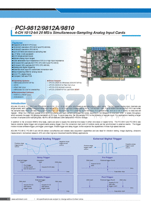 PCI-9812A datasheet - 4-CH 10/12-bit 20 MS/s Simultaneous-Sampling Analog Input Cards