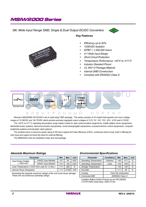 MSIW2000 datasheet - 3W, Wide Input Range SMD, Single & Dual Output DC/DC Converters