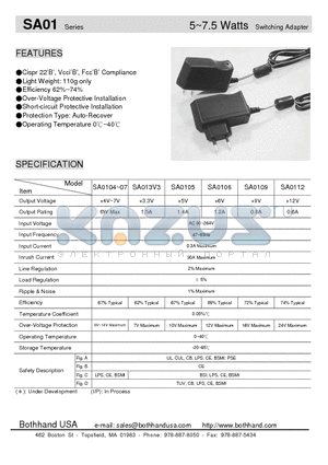 SA0112 datasheet - 5~7.5 Watts Switching Adapter