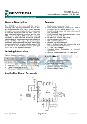 SX1210 datasheet - Ultra-Low Power Integrated UHF Receiver